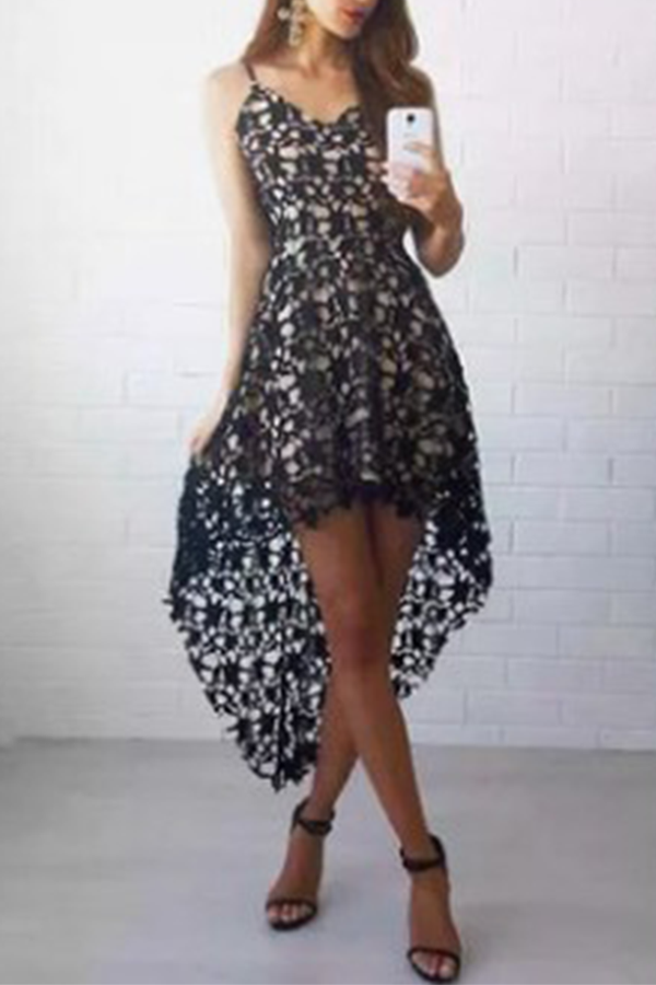 Fashion Elegant Lace Hollowed Out See-through V Neck Dress Dresses（3 colors）