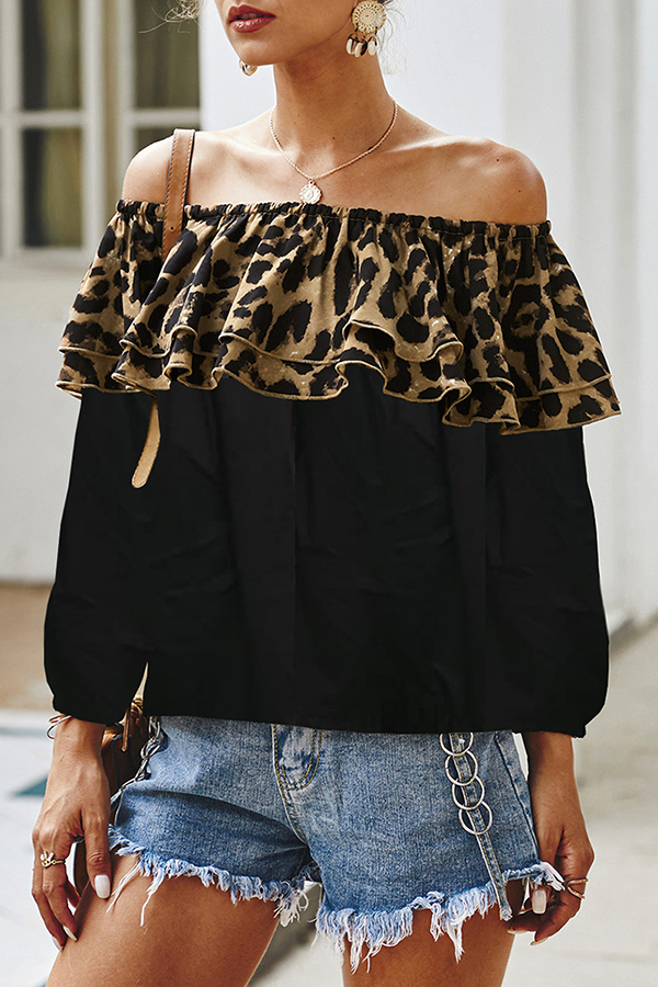 Fashion Casual Leopard Split Joint Flounce Off the Shoulder Tops
