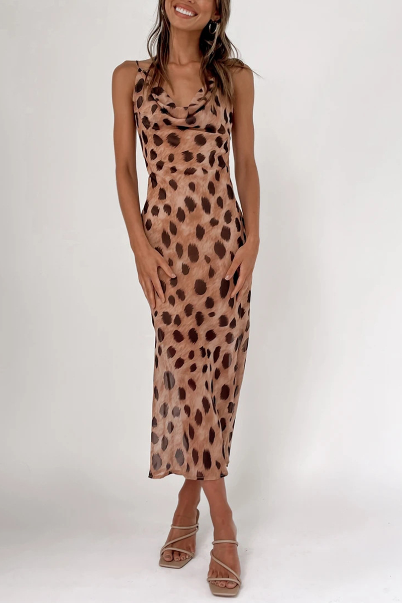 Sexy Animal Print Leopard Split Joint Spaghetti Strap Pencil Skirt Dresses