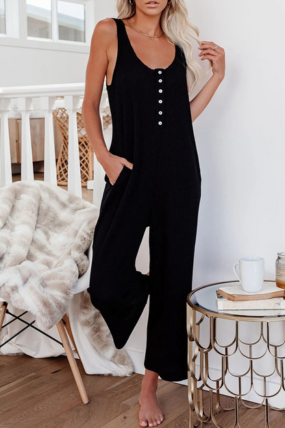 Fashion Solid Buckle U Neck Straight Jumpsuits(3 colors)