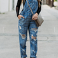 Fashion Solid Ripped Square Collar Harlan Jumpsuits