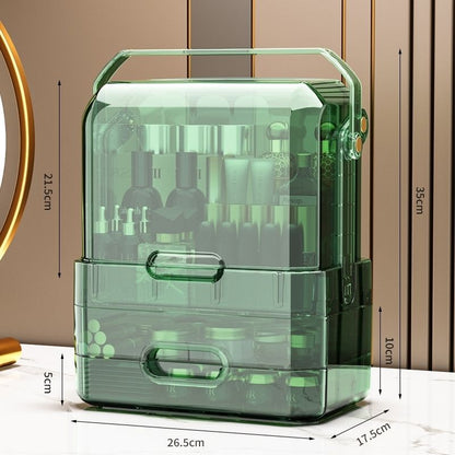 Multifunctional Makeup Storage Box Green Transparent Open Door Large Capacity