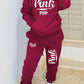 Wine Red Casual Letter Print Hooded Collar Long Sleeve Two Pieces