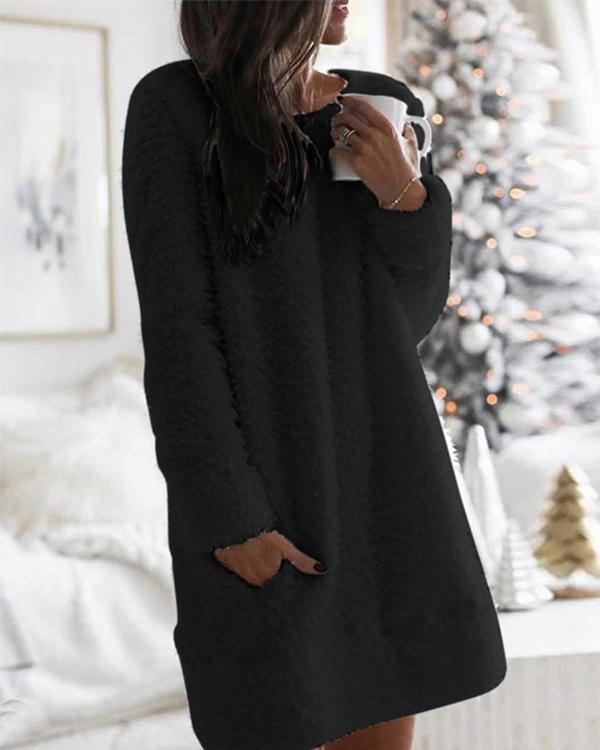 Long Sleeves Shift Above Knee Casual Solid Pocket Plush Dresses