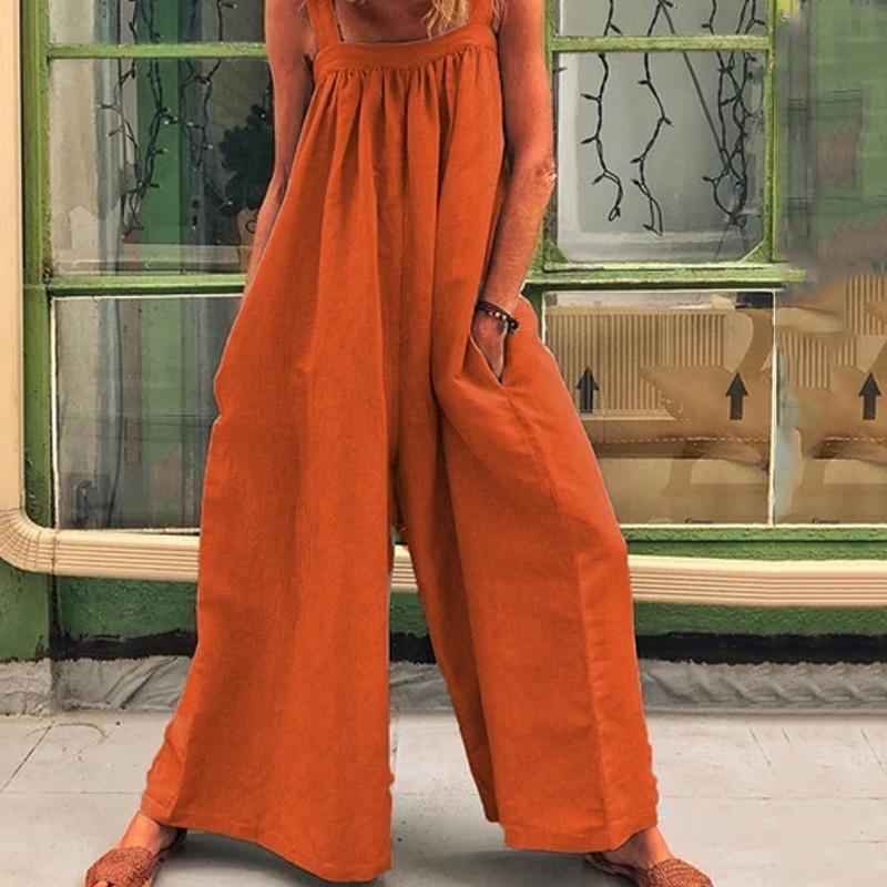 Women JUSTREDCOCO Casual Solid Sleeveless Spaghetti Jumpsuit Wide Leg Pants