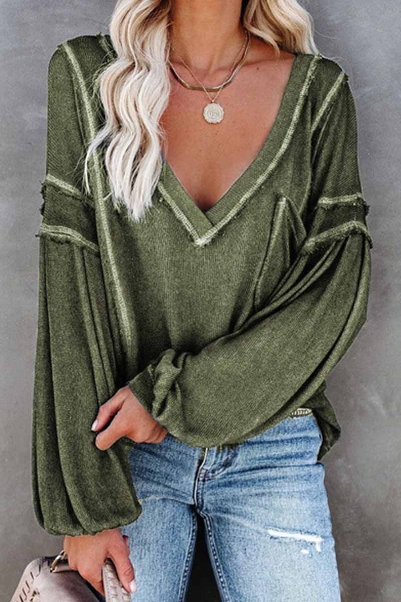 Solid Color Pullover V-Neck Bubble Long Sleeves Tops(4 Colors) 💖