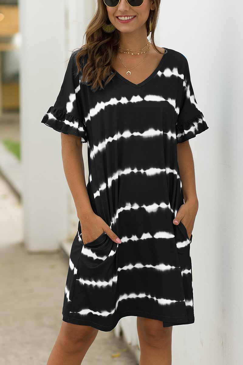 Striped Tie-dye Casual Loose Dress With Pocket VEOOY