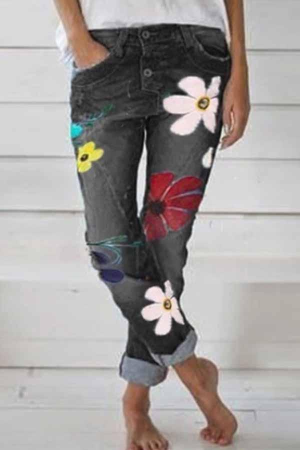 Regular Waist Flower Print Regular Fit Casual Wear Jeans 💖