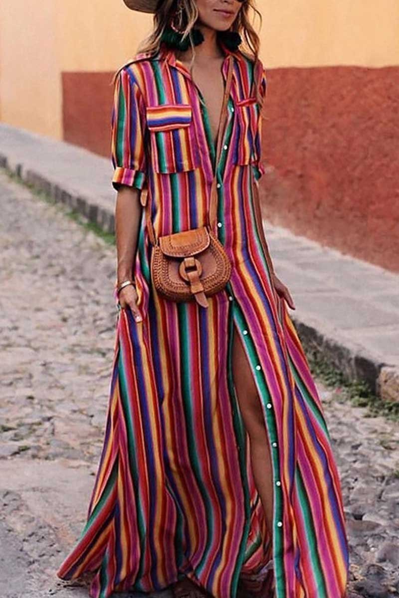 Florcoo Bohemian Multicolor Striped Dress - Veooy