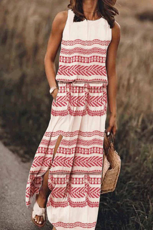 Printed Striped Maxi Dress With Pocket 💖