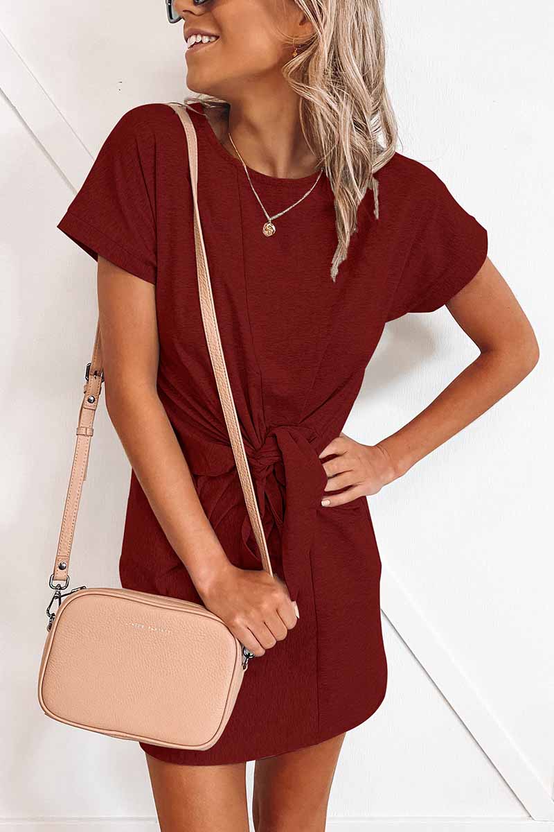 Loose Tie Solid Color Short Sleeves Mini Dress（6 colors） 💖