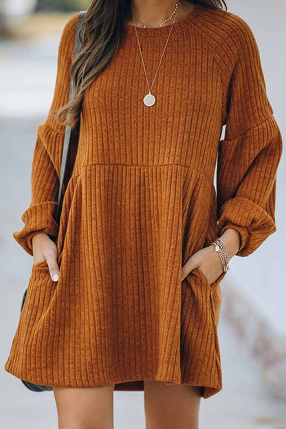 Round Neck Knitted Solid Color Mini Dress 💖