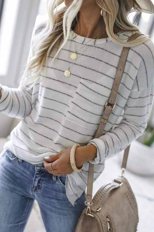 Striped Long Sleeve T-shirt With Pocket VEOOY