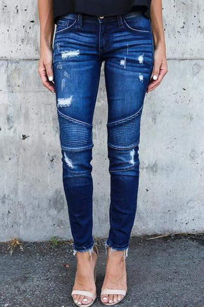 Regular Waist Solid Color Skinny Fit Hole Jeans 💖