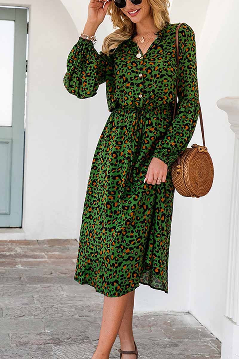 Leopard Print V-neck Elegant Midi Dress