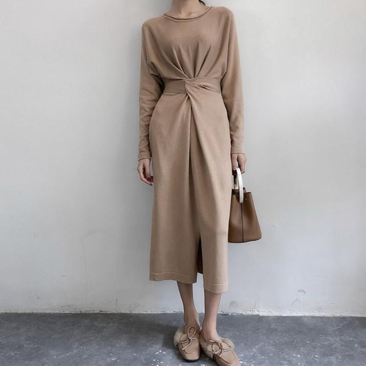 Casual Round Neck Long   Sleeve Pure Colour Dress - Veooy