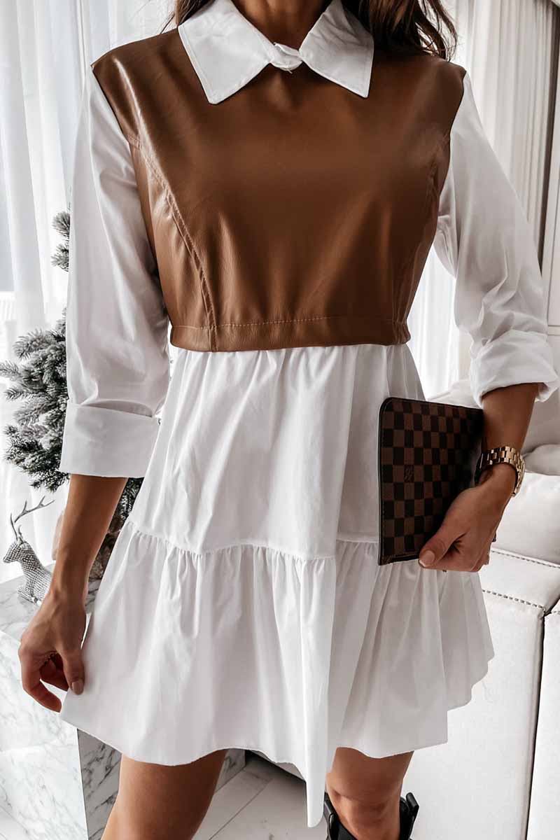 Shirt skirt and leather stitching Mini Dress 💖