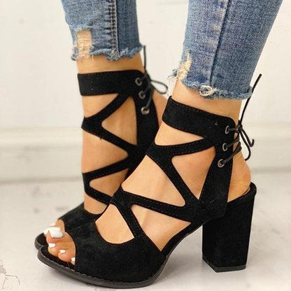 Women Lace-Up Casual Chunky Heel Pu Sandals .*