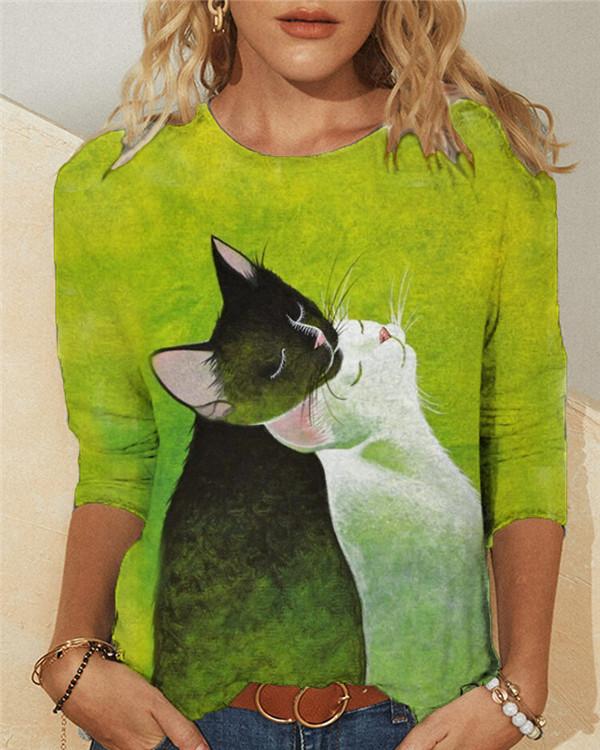 Cats Print Long Sleeve Casual Crew Neck T-Shirts & Tops - Veooy