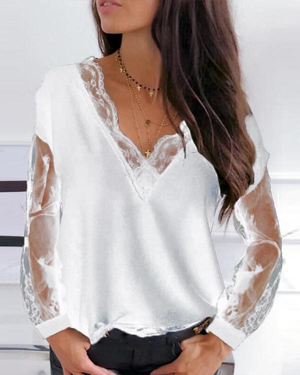 Casual Solid Lace V Neck Loose Fit Blouses - Veooy