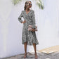 Wrap-around Long-sleeved Zebra Print V Collared Lace Dress