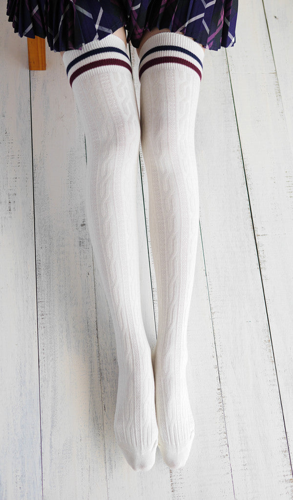 Navy wind twist vertical stripes two horizontal knee stockings