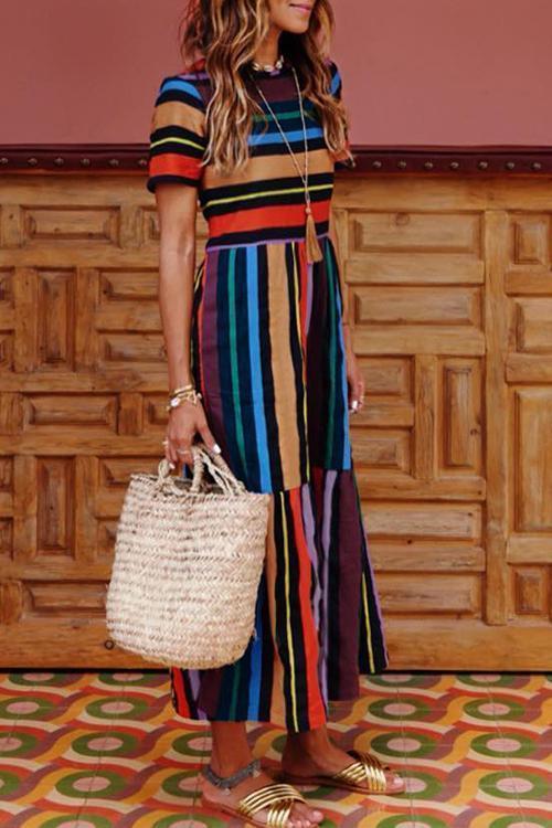 Bohemian Striped Multicolor Ankle Length Dress 💖