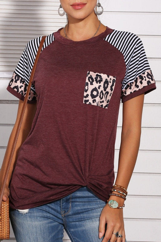 Patchwork Leopard Striped Wine Red T-shirt 💖