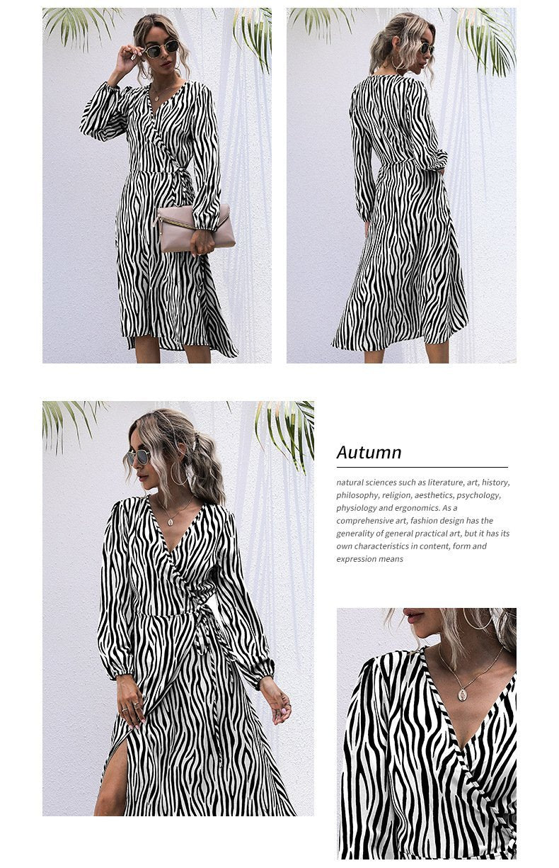 Wrap-around Long-sleeved Zebra Print V Collared Lace Dress