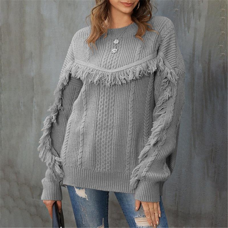 Round Neck Loose Tassel Twist Solid Color Sweater 💖