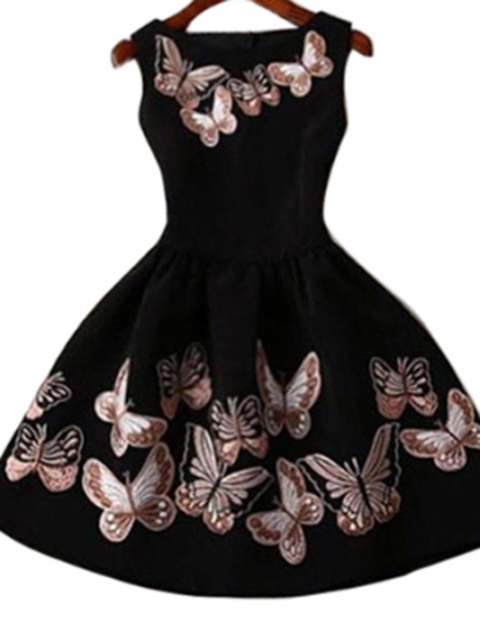 Butterfly Printed Slim Skater Dress - Veooy