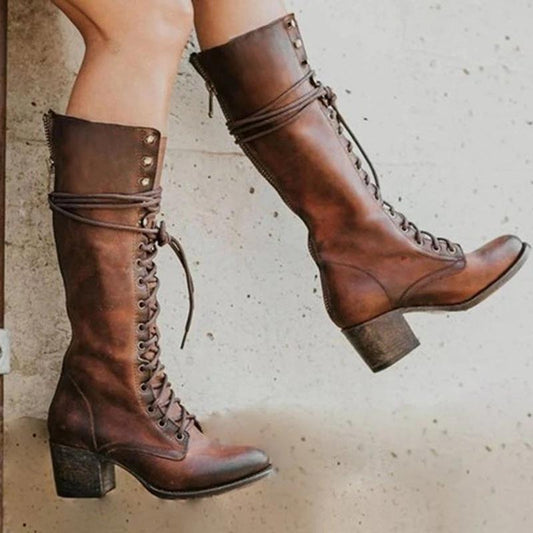 Daily Leather Block Heel Boots * - Veooy