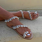 Large Size Women Summer Handmade Flip Flops Sandals Pearls Flat Slip-on - veooy