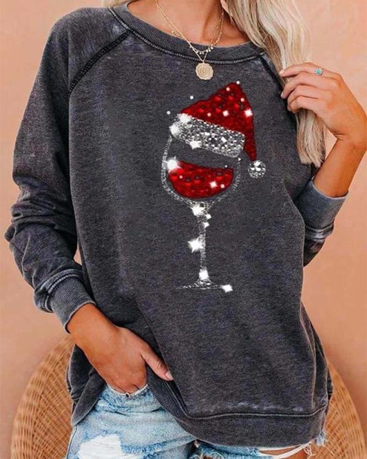 Christmas Red Wine Glass Print Cozy Sweatshirt - Veooy