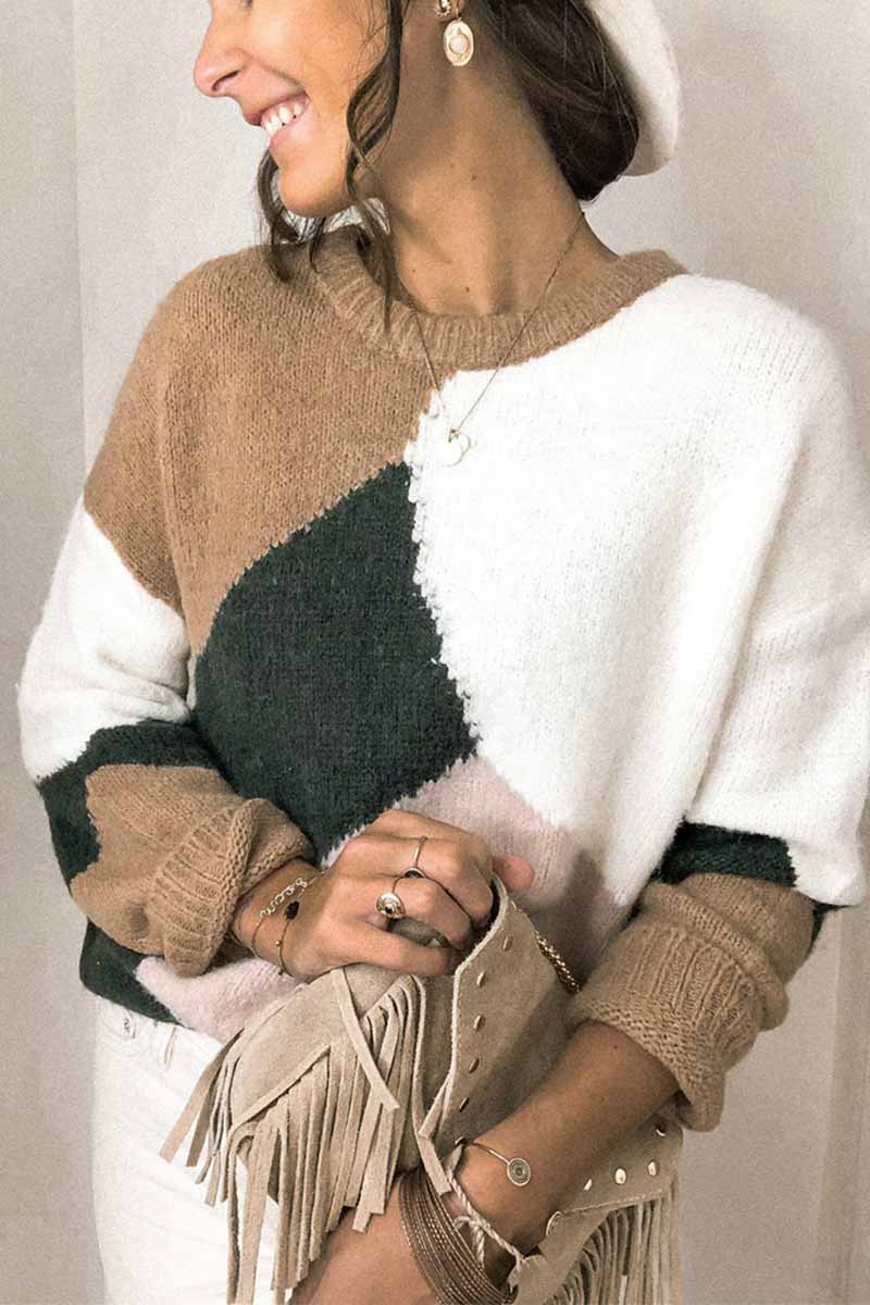 Round Neck Loose Contrast Stitching Knitted Sweater 💖