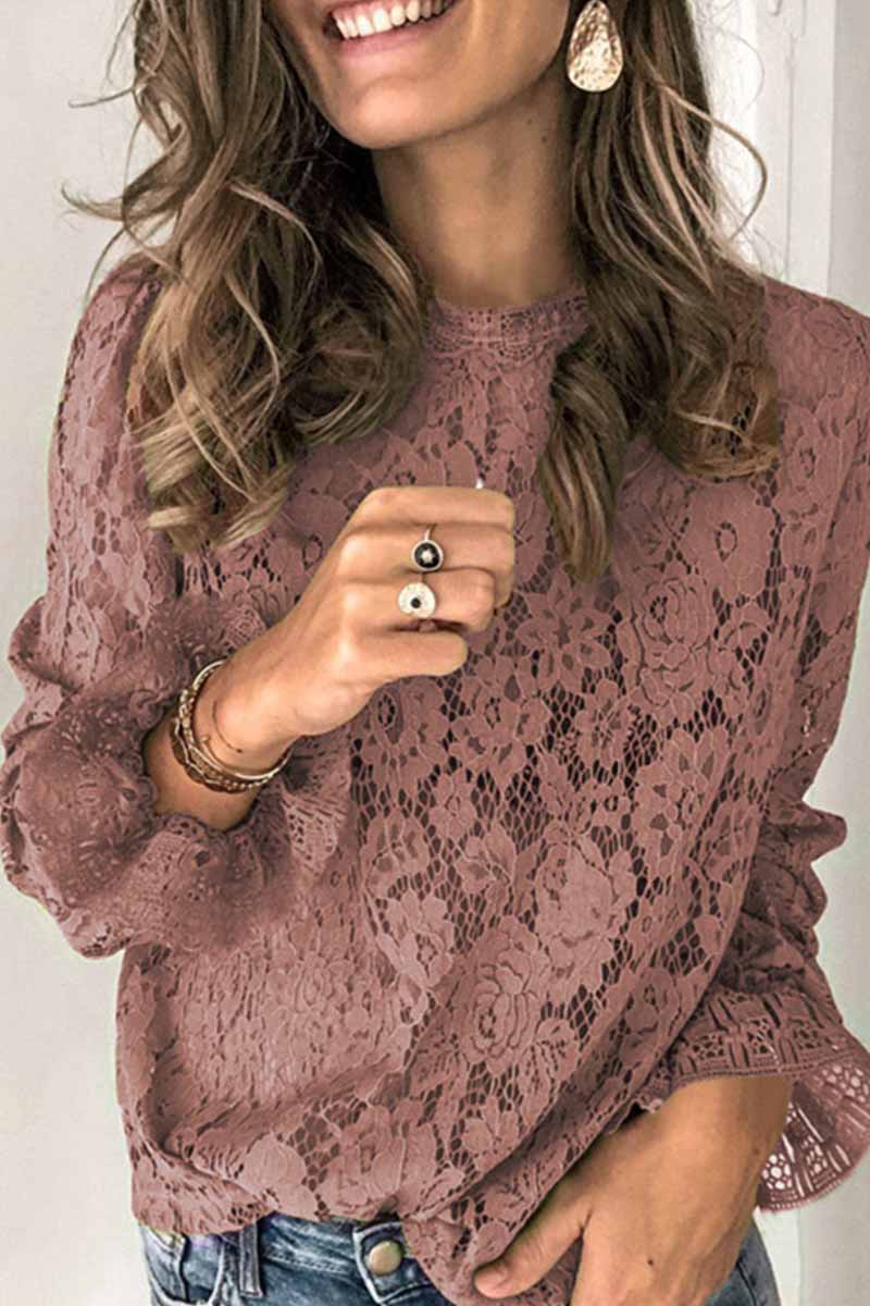 Florcoo Long Sleeve Openwork Lace Blouse(5 Colors) - Veooy