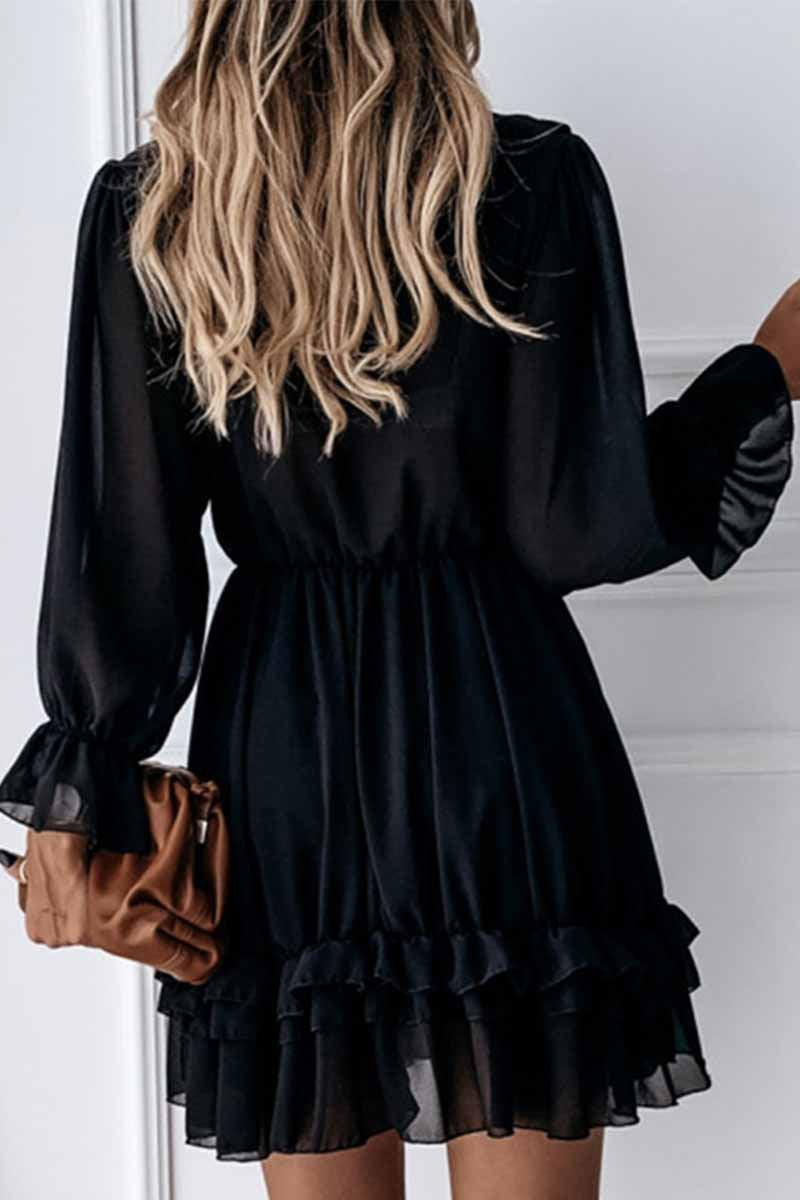 Sexy Black Lace Puff Sleeve V-Neck Lace Mini Dress 💖