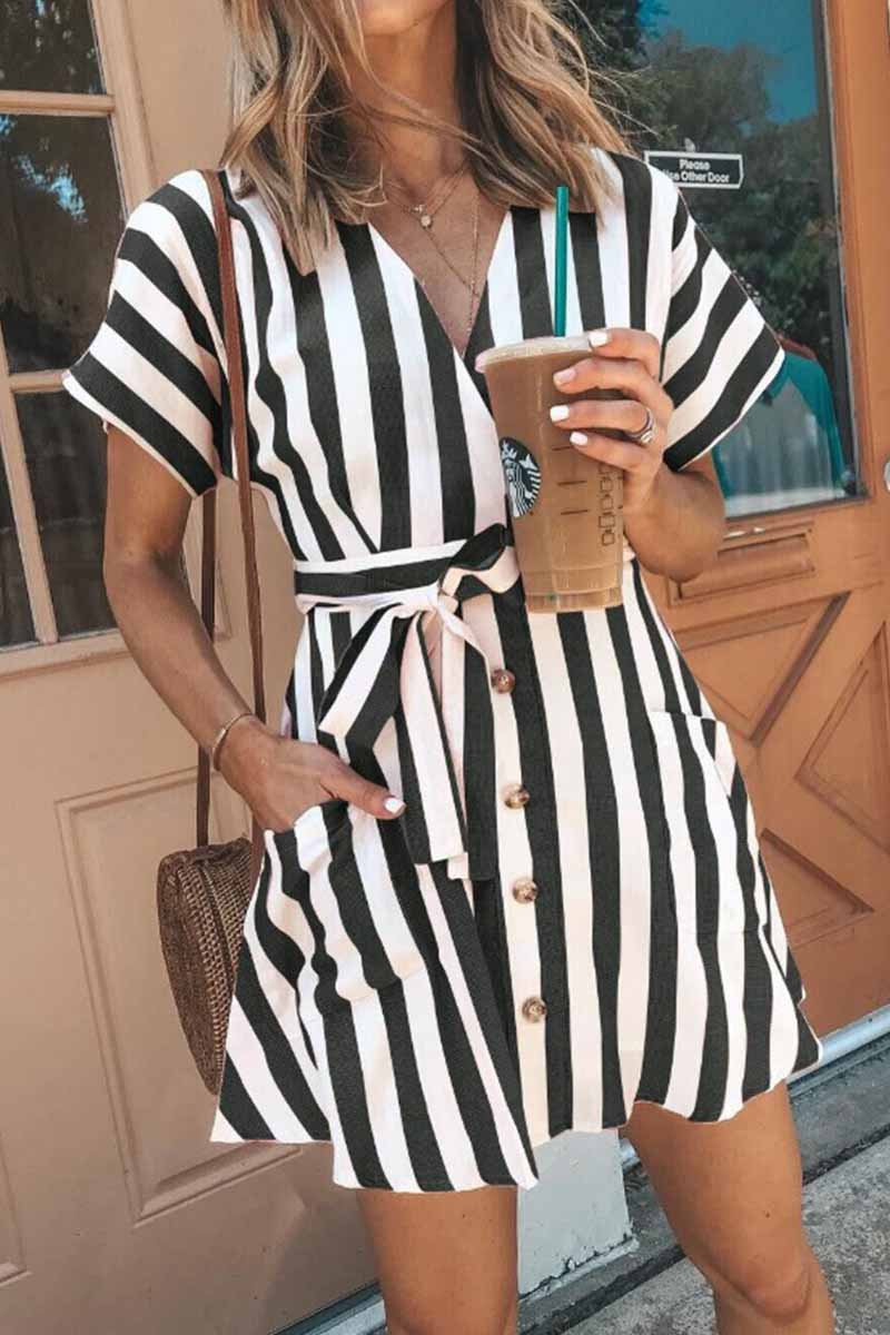 V-neck Button Striped Dress ( 2 Color)