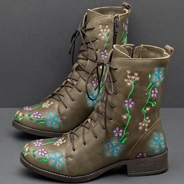 Women Retro Flowers Embroidered Leather Strappy Zipper Block Heel Mid Calf Boots *