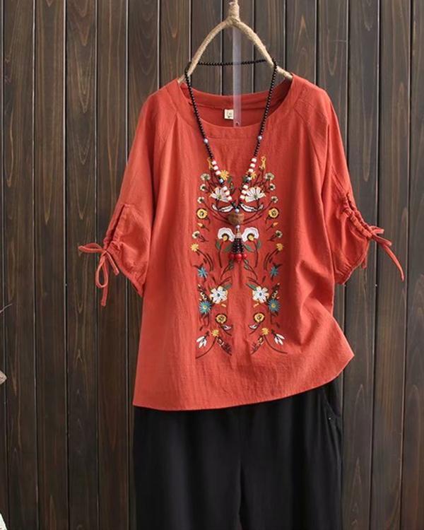 Plus Size Floral Casual Round Neckline 3/4 Sleeves Blouses Tops - veooy