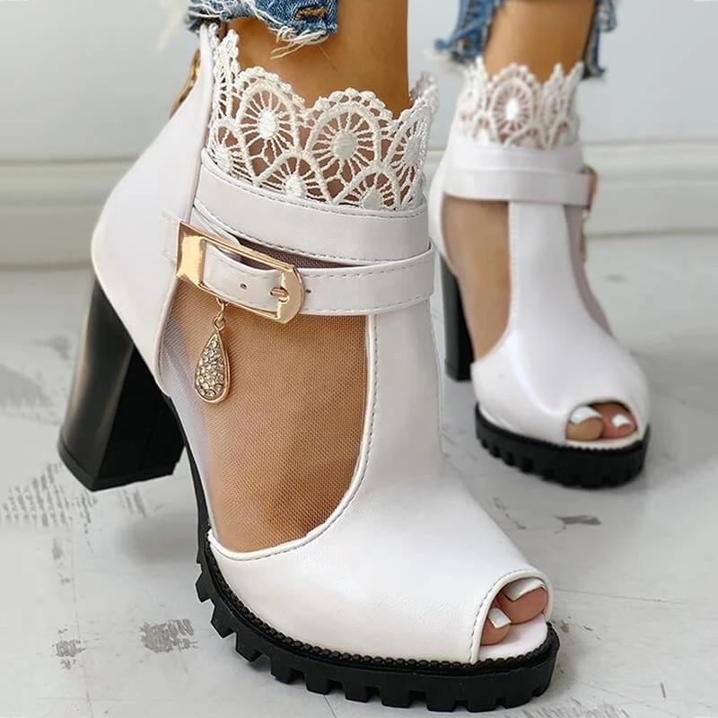 Women Fashion Lace Mesh Peep Toe Chunky Sandals .*
