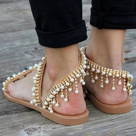 Women Bohemian Style Sandals Casual Beach Pearls Shoes - veooy