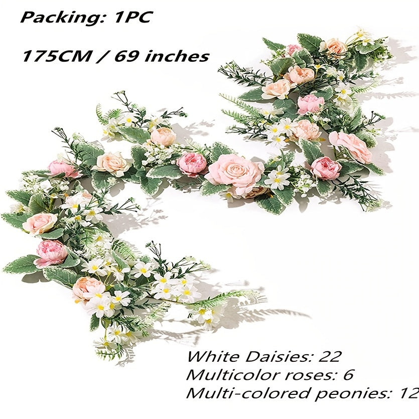 1pc Artificial Rose Flower Garland, Greenery Garland For Wedding Decor (Baby Pink Roses)