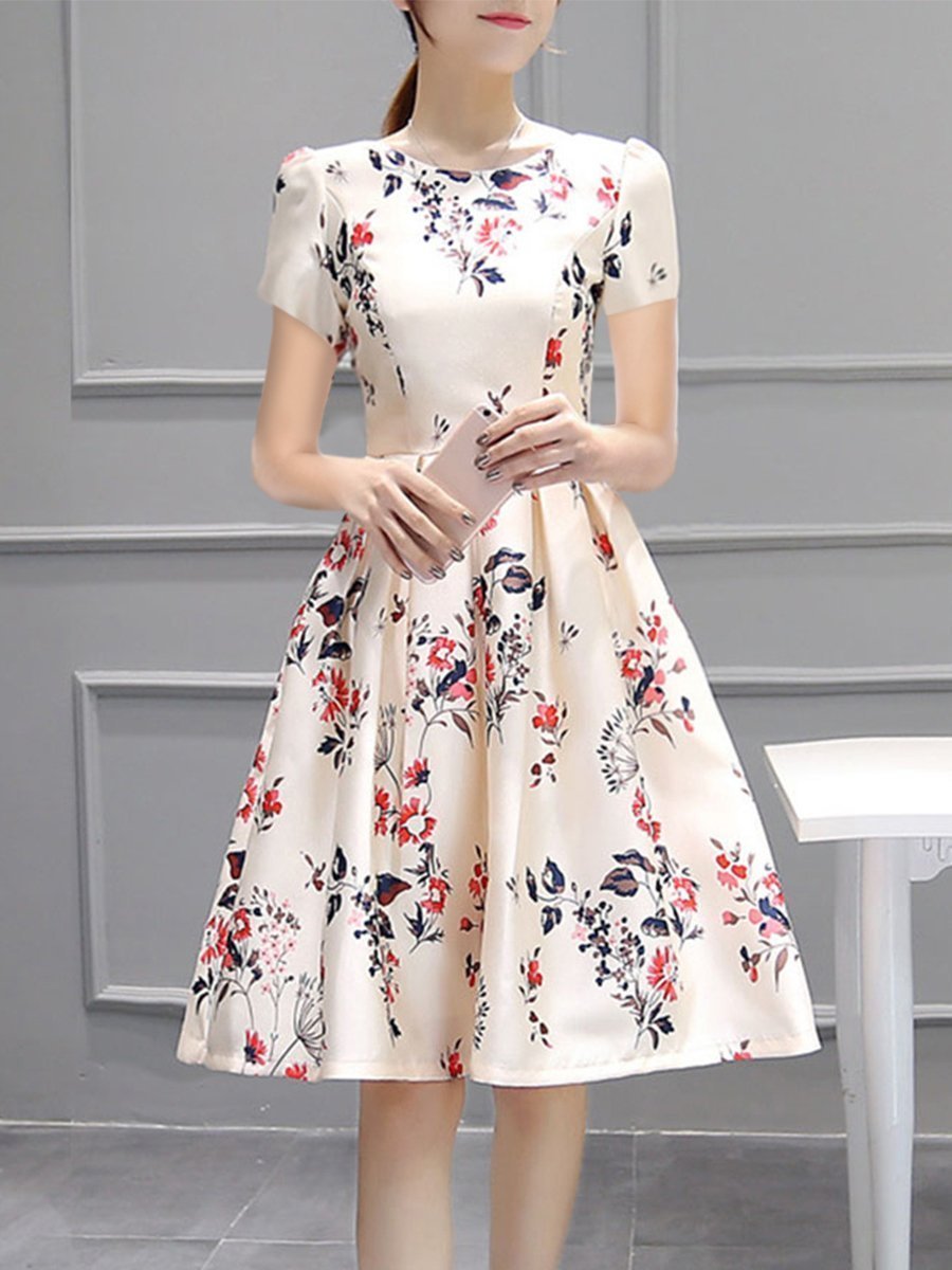 Women Inverted Pleat Floral Printed Puff Sleeve Round Neck Skater Dress