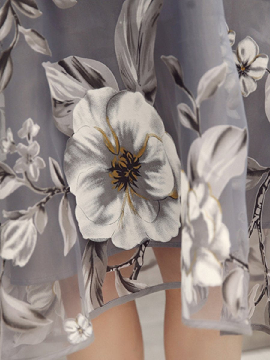Floral Printed See-Through Midi Skater Dress - Veooy