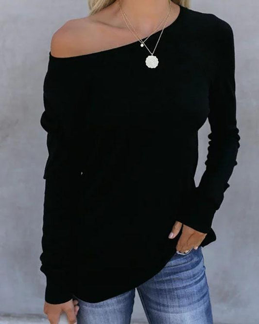 Black Cotton-Blend Long Sleeve Shirts & Tops - Veooy