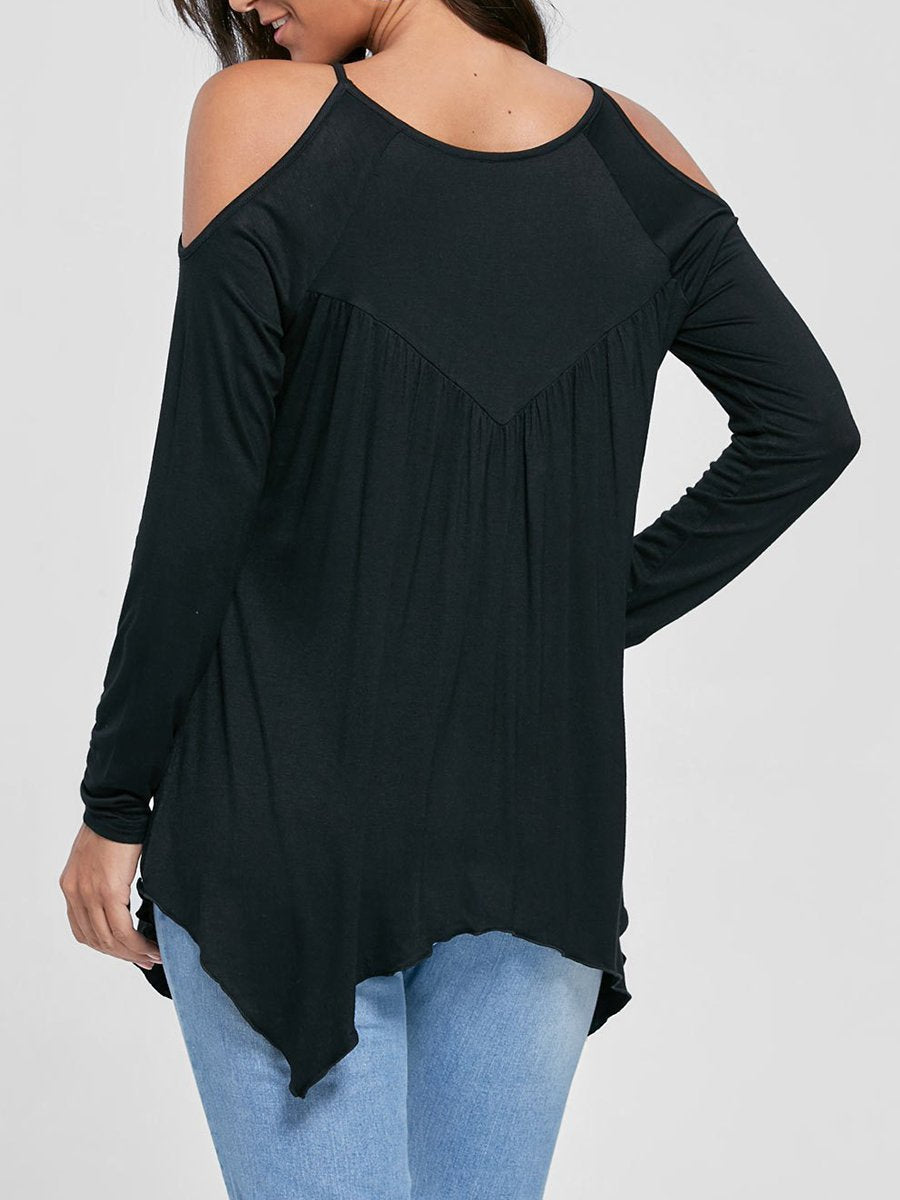 Women Open Shoulder Asymmetric Hem Hollow Out Plain Long Sleeve T-Shirt