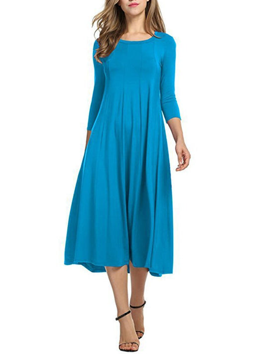 Casual Solid Round Neck Long Dress - Veooy