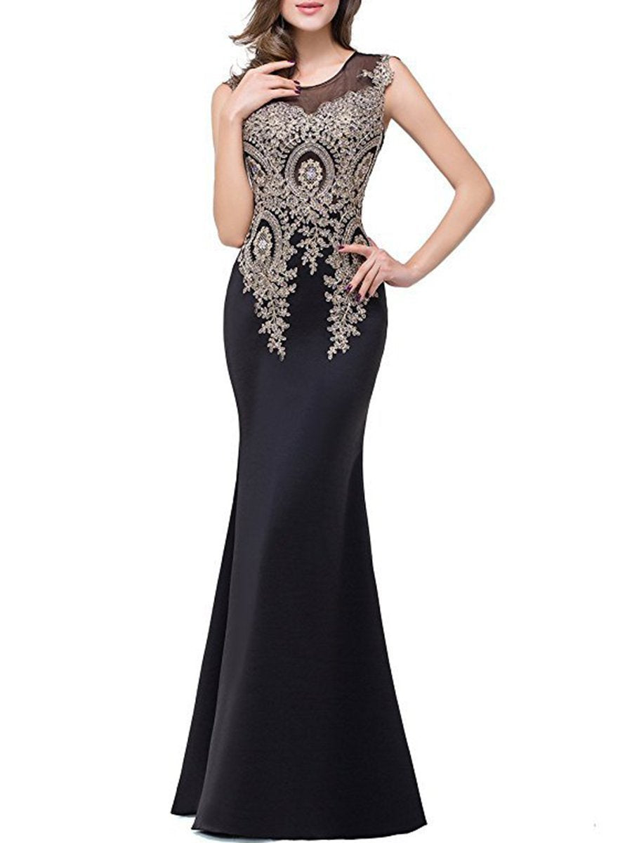 Round Neck Decorative Lace See-Through Evening Dress