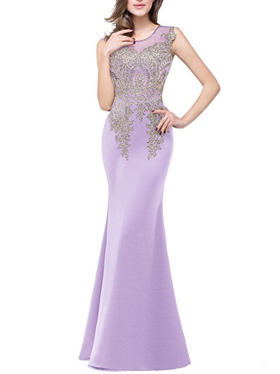 Round Neck Decorative Lace See-Through Evening Dress